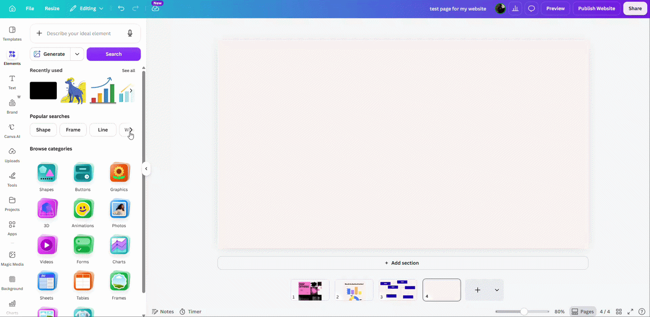 Canva charts and graphs section for data visuals