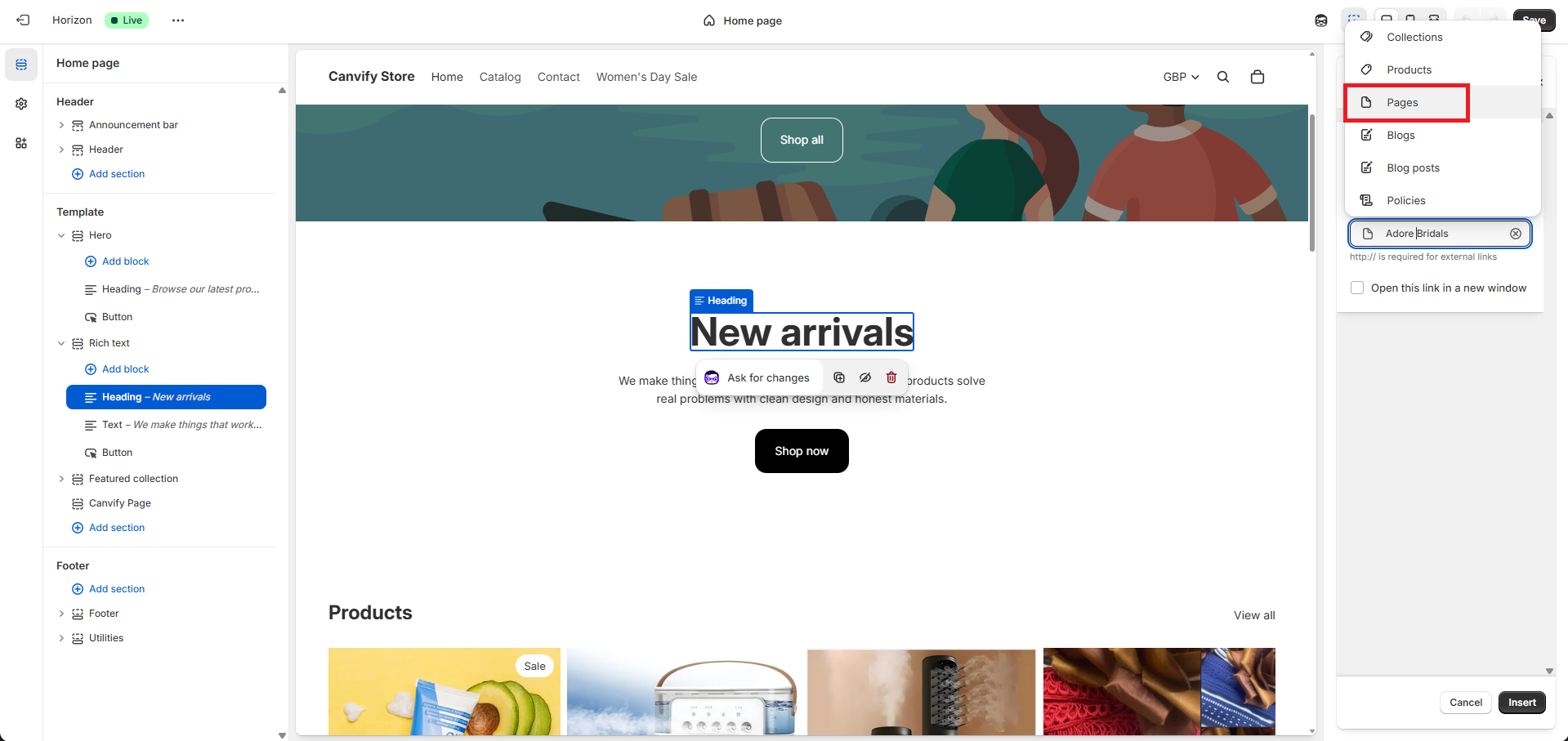 Select page in Shopify